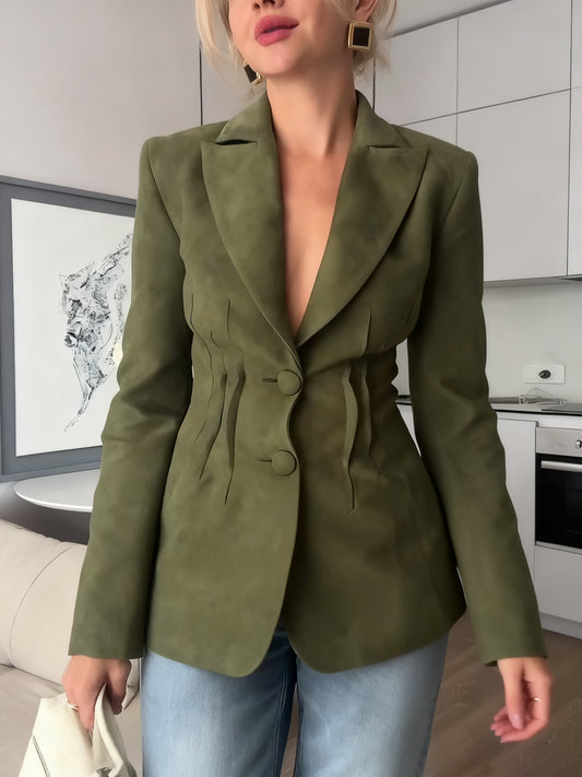 Olive Green Suede Blazer With Corset Detailing Olive Green