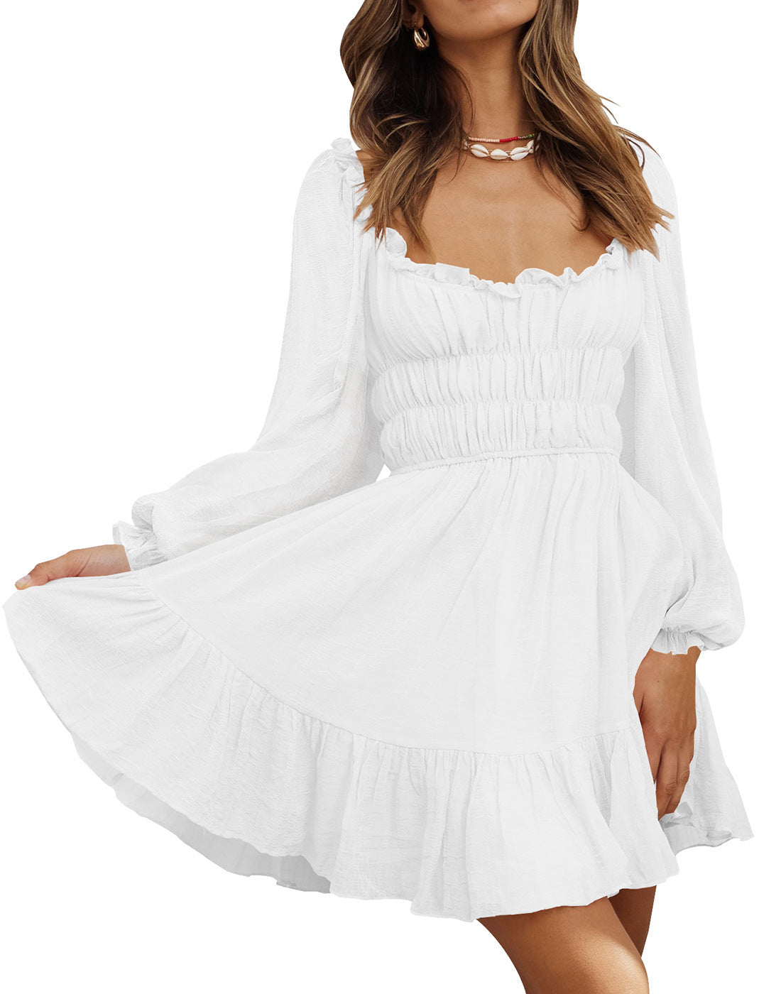 Square Neck Pleated Ruffle Lantern Sleeve Fresh And Sweet Dress White