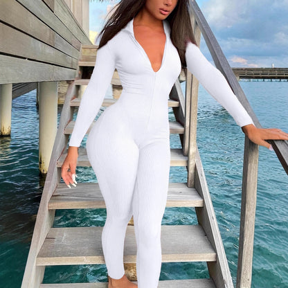 Casual Ribbed Zip-up Jumpsuit Long Sleeves White