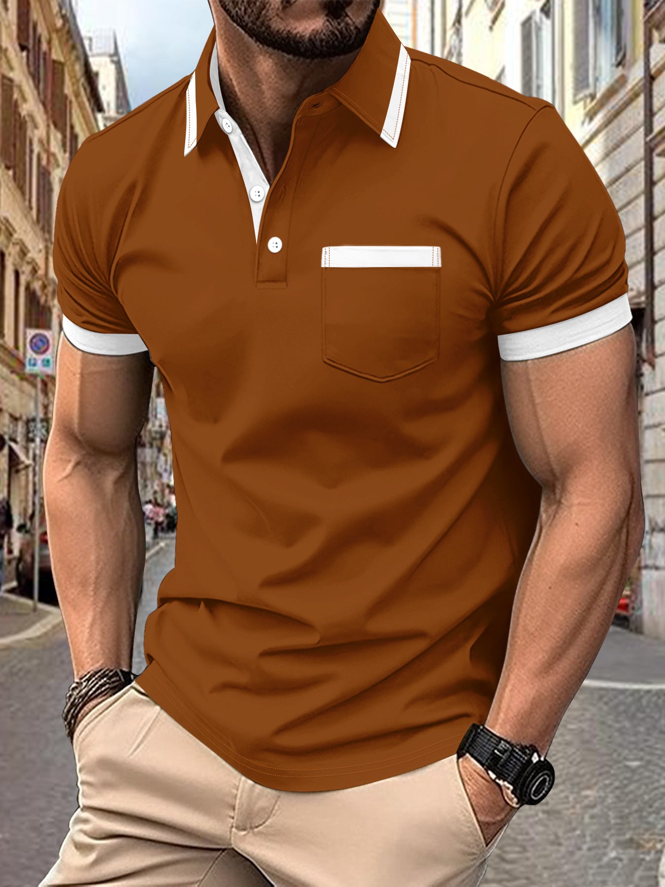 Men's Patchwork Button Pocket Casual Top Caramel Color