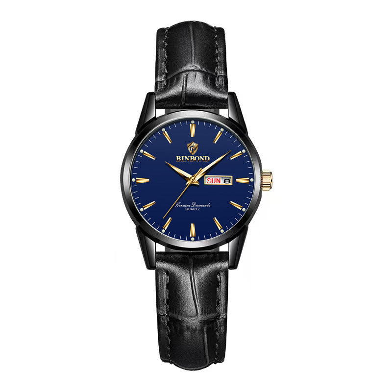 Double Calendar Waterproof Quartz Watch Men Black Authentic Leather Blue Female Style