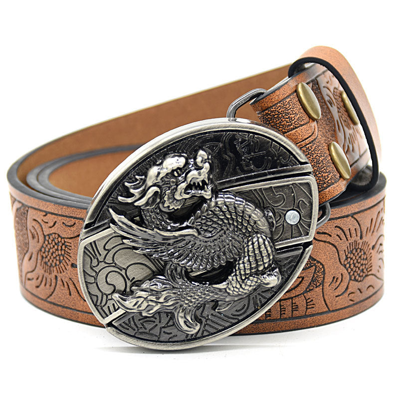 Personality Student Trendy Printing Engraving Smooth Buckle Knife Embossing Belt Flying Dragon Brown