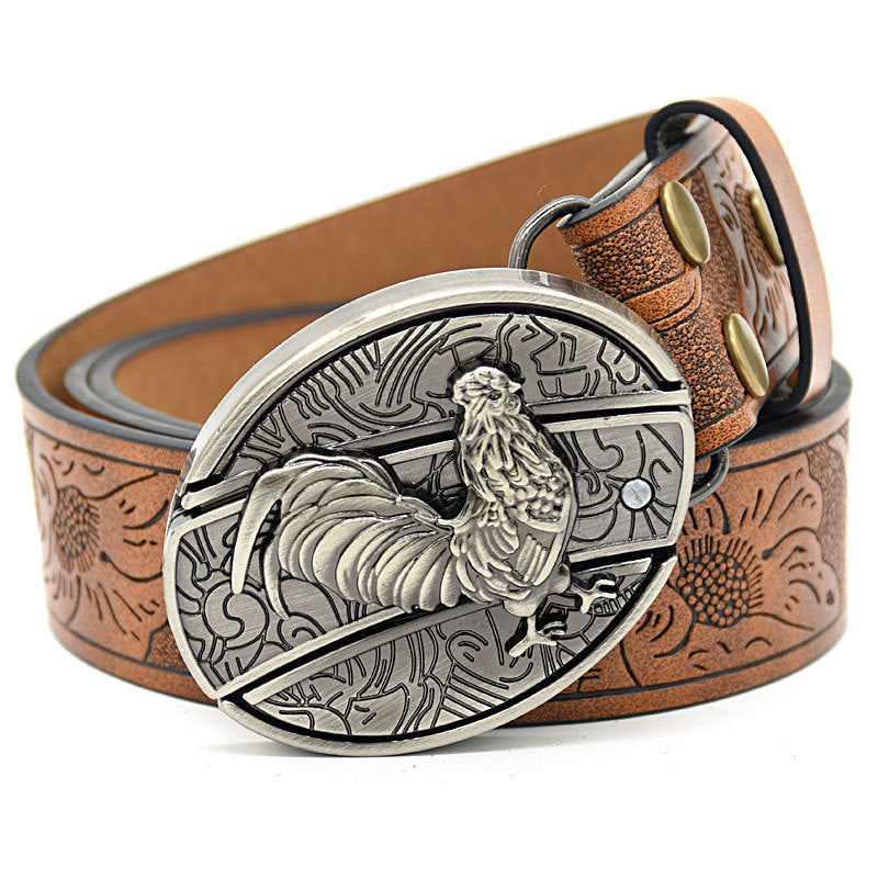 Personality Student Trendy Printing Engraving Smooth Buckle Knife Embossing Belt Rooster Brown