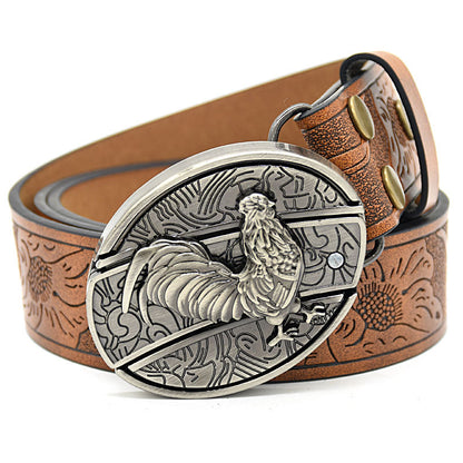 Personality Student Trendy Printing Engraving Smooth Buckle Knife Embossing Belt Rooster Brown