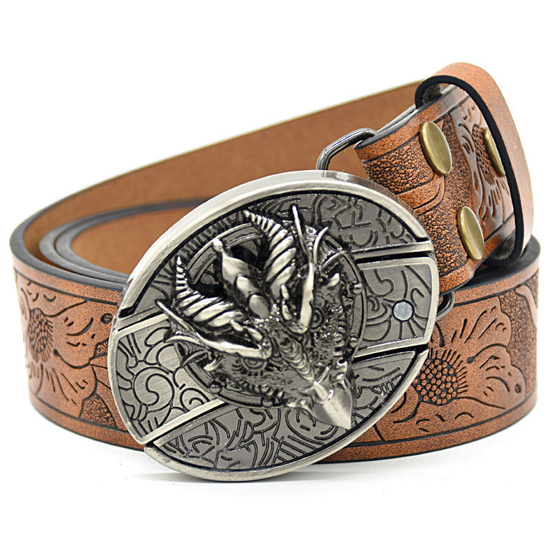 Personality Student Trendy Printing Engraving Smooth Buckle Knife Embossing Belt Pointed Dragon Brown