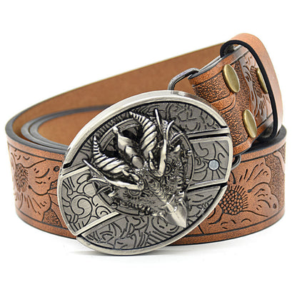Personality Student Trendy Printing Engraving Smooth Buckle Knife Embossing Belt Pointed Dragon Brown