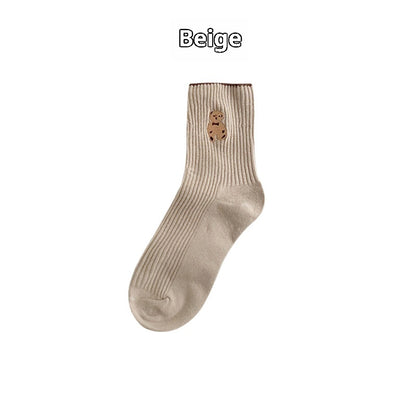 Mid-calf Retro Style Bear Japanese School Style Autumn And Winter Women's Stack Socks Beige Jacquard