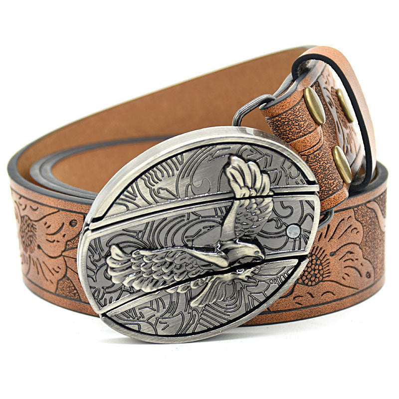 Personality Student Trendy Printing Engraving Smooth Buckle Knife Embossing Belt Carving Brown