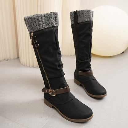 Plus Size Long Tube Women's Boots Chunky Heel Side Zip Wool Stitching Black