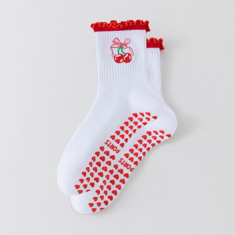 Women's Yoga Socks Professional Non-slip Red Lace Cherry