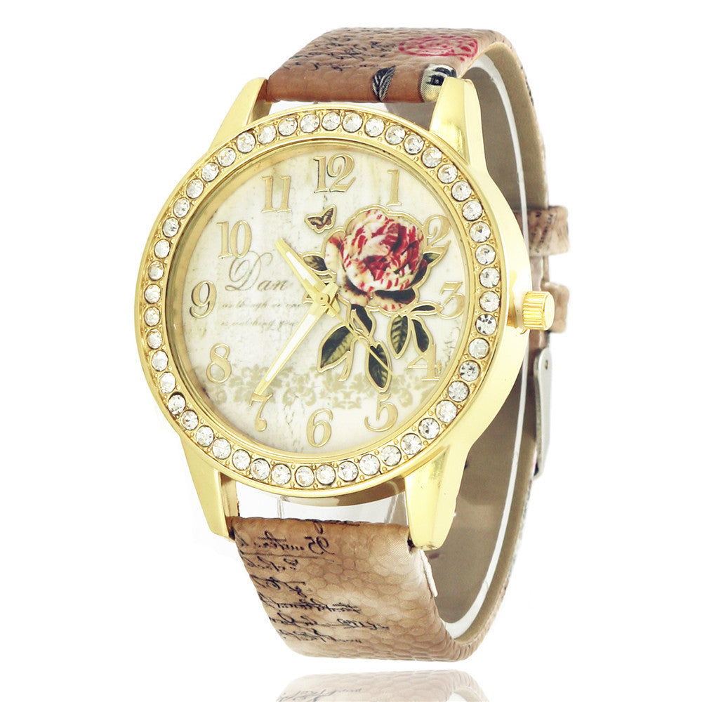 Diamond-inlaid Gold Case Rose Pattern Fashion Quartz Watch Brown