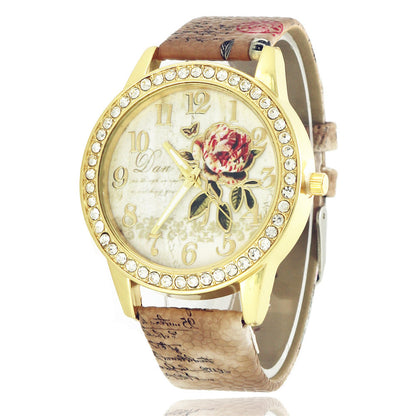 Diamond-inlaid Gold Case Rose Pattern Fashion Quartz Watch Brown