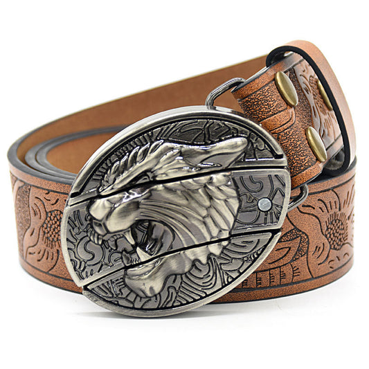 Personality Student Trendy Printing Engraving Smooth Buckle Knife Embossing Belt Tiger Head Brown