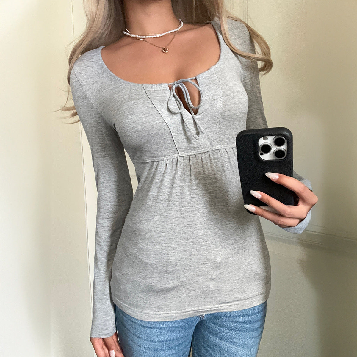 Versatile Long-sleeved Base Layer T-shirt Women's Clothing Gray
