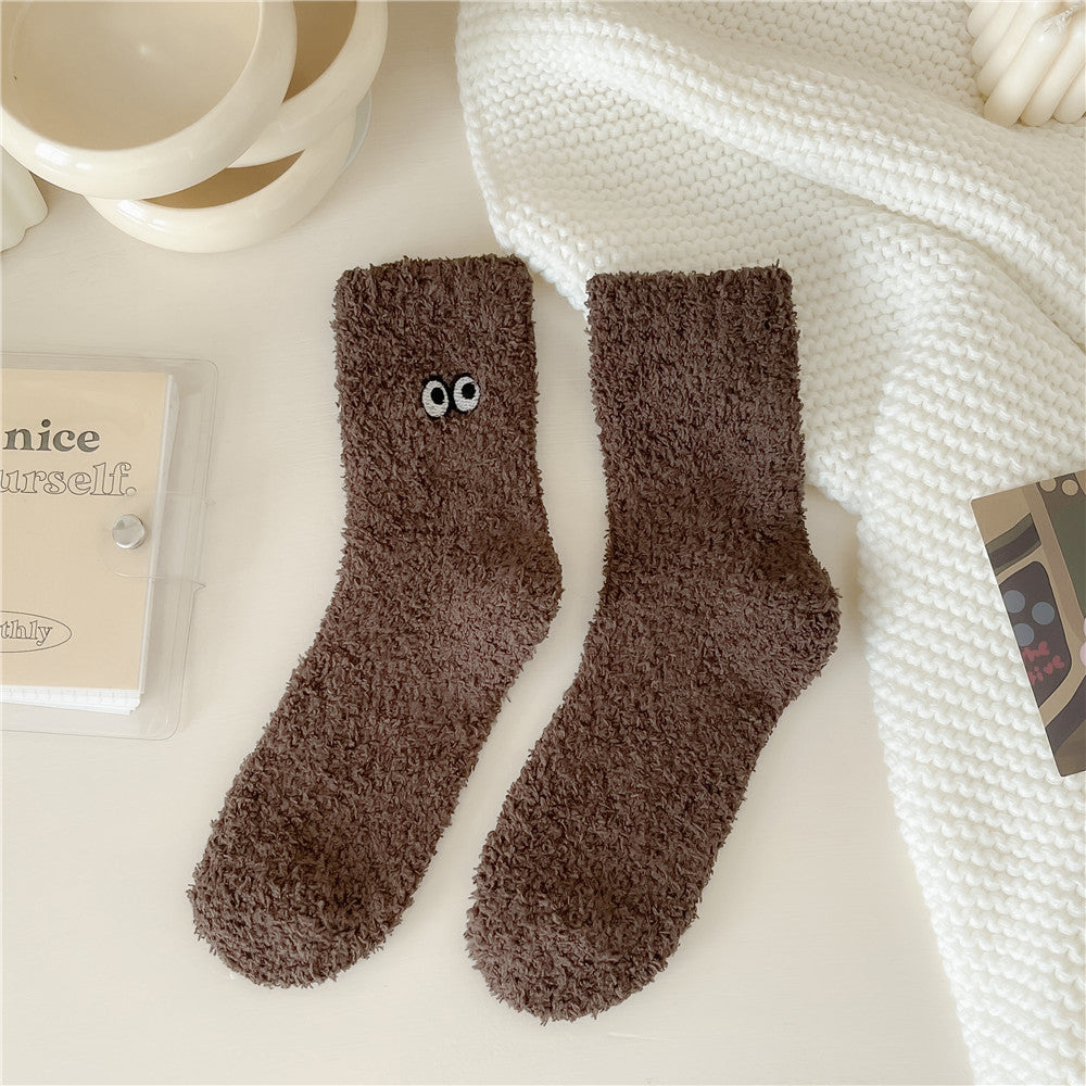 Women's Solid Color Embroidered Sleep Thickening Warm Terry Socks Coffee