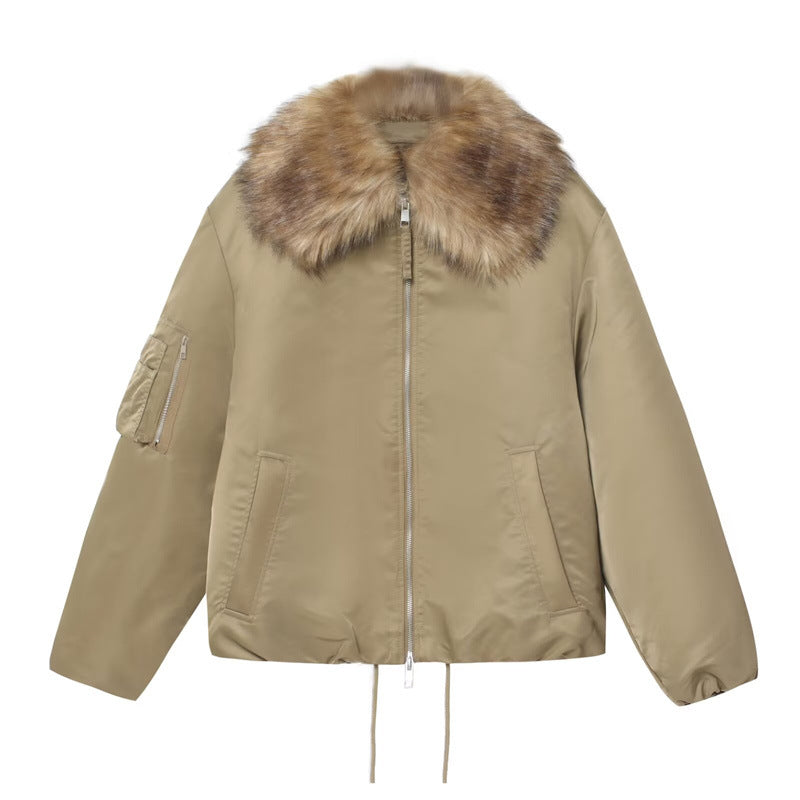 Women's Simple Detachable Fur Collar Cotton Coat Khaki