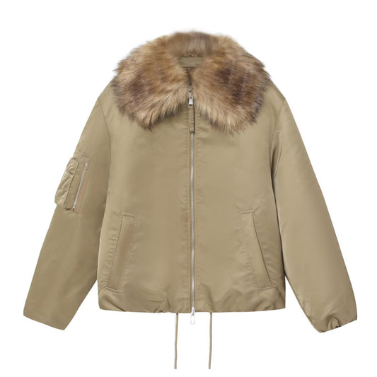 Women's Simple Detachable Fur Collar Cotton Coat Khaki