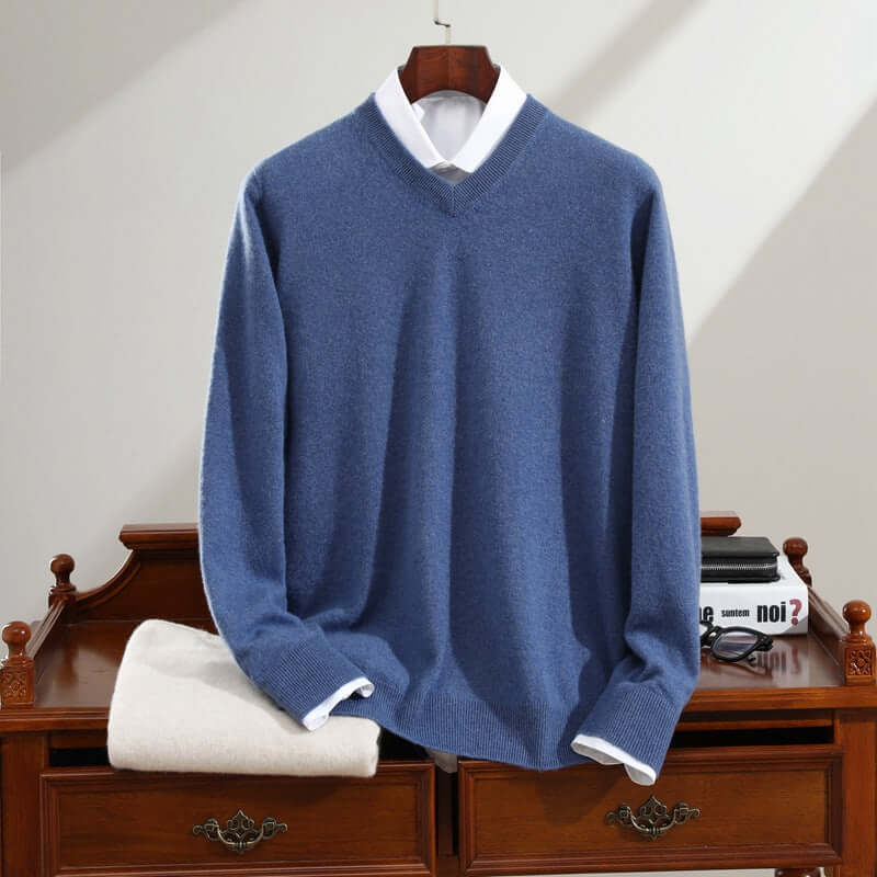 Men's Cashmere Sweater Pure Cashmere V-neck Long Sleeve Knitted Sweater Flower Blue