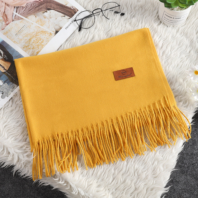 Solid Color Cashmere-like Bristle Scarf Ladies Tassel Warm Gift Turmeric 200x70cm