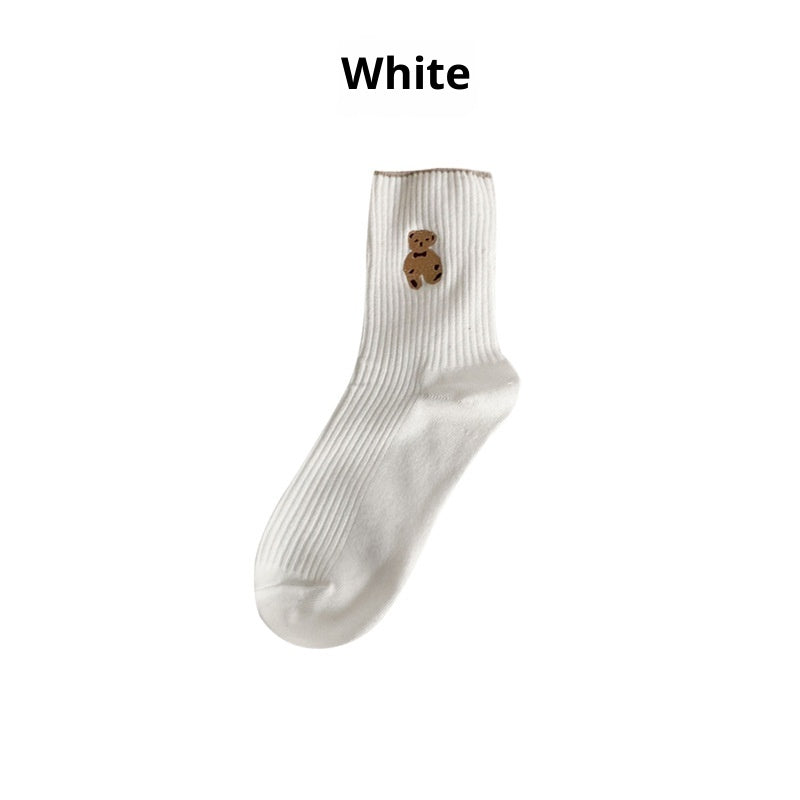 Mid-calf Retro Style Bear Japanese School Style Autumn And Winter Women's Stack Socks White Jacquard