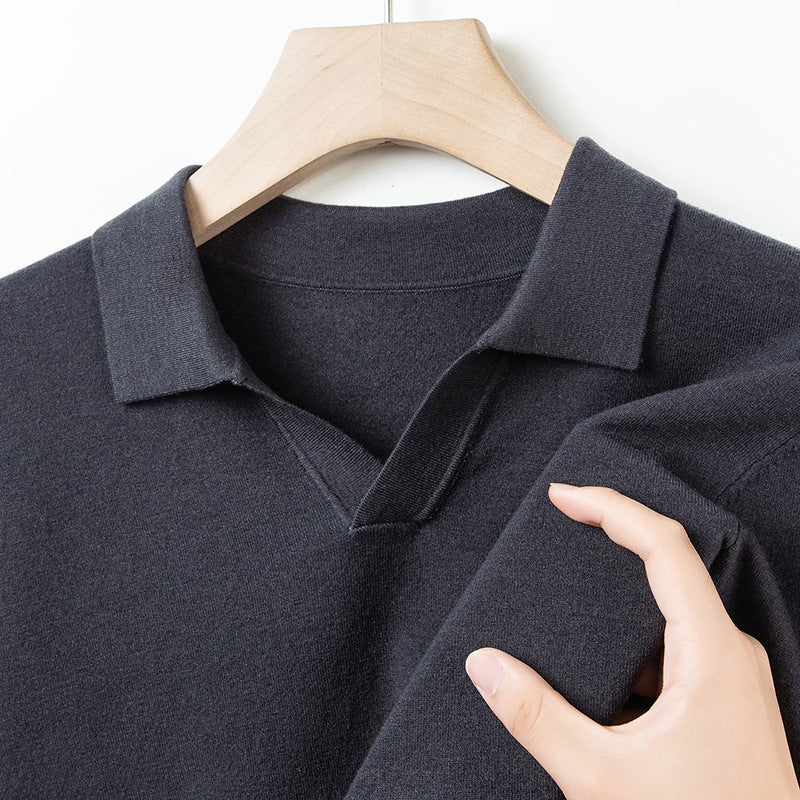 Autumn And Spring Seagull Collar 6 Wool Men's Anti-Pilling Knitted Long Sleeve Polo Shirt Dark Gray