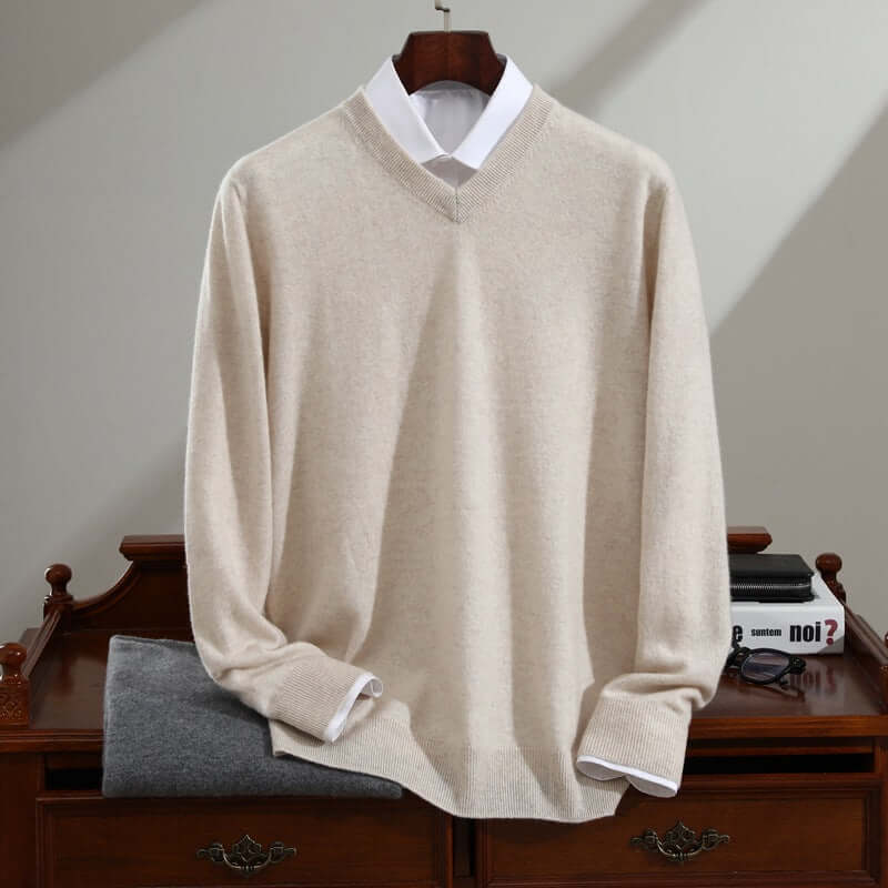 Men's Cashmere Sweater Pure Cashmere V-neck Long Sleeve Knitted Sweater Light Beige