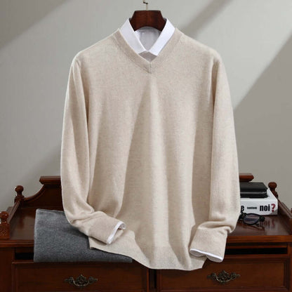 Men's Cashmere Sweater Pure Cashmere V-neck Long Sleeve Knitted Sweater Light Beige