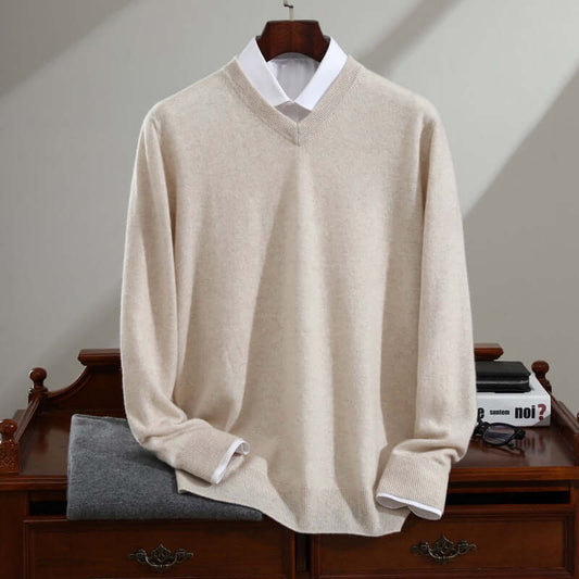 Men's Cashmere Sweater Pure Cashmere V-neck Long Sleeve Knitted Sweater Light Beige