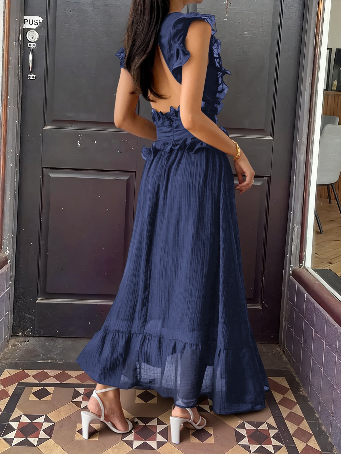 Elegant Style Suspender Dress Women Dark Blue