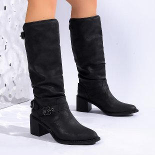 Stylish And Comfortable Buckle Chunky Heel Women's Boots Black