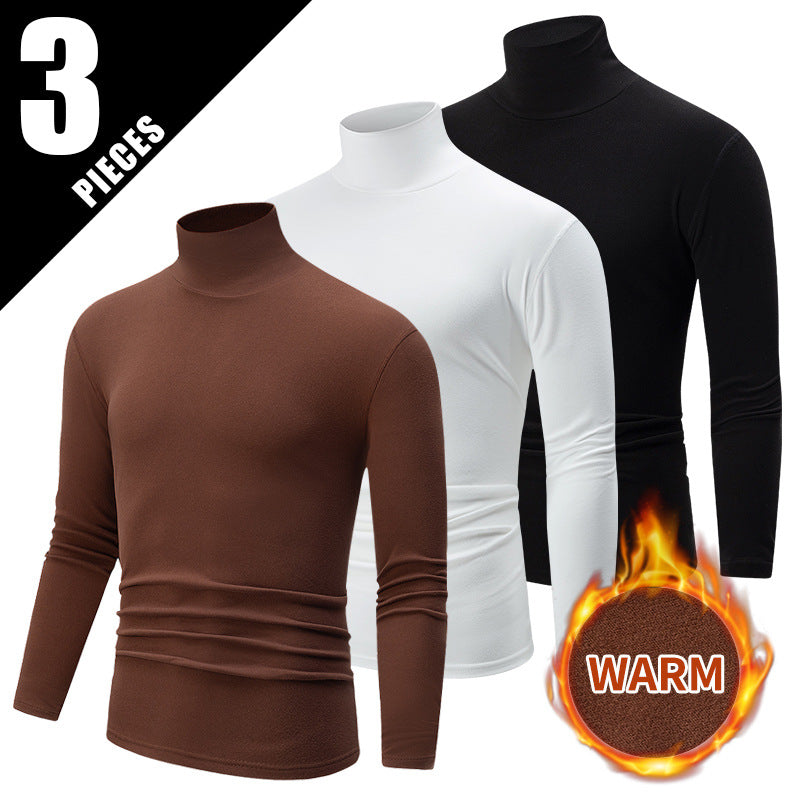 Autumn And Winter Men's Solid Color Versatile High-neck Base Layer Casual Fleece Top Black And White Coffee