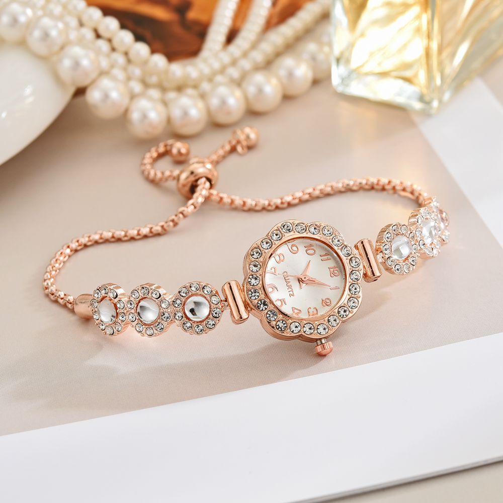 Free Pull-out Bracelet Women's Watch Fashion Color Diamond Rose Gold White Surface