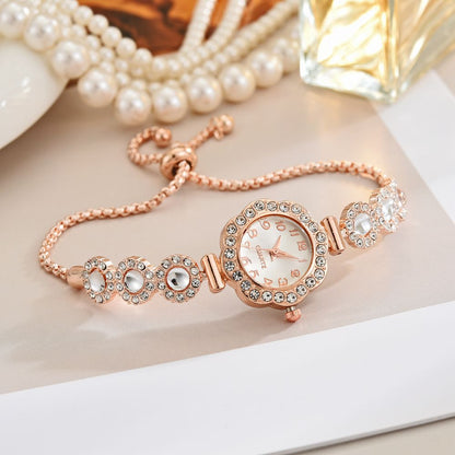Free Pull-out Bracelet Women's Watch Fashion Color Diamond Rose Gold White Surface