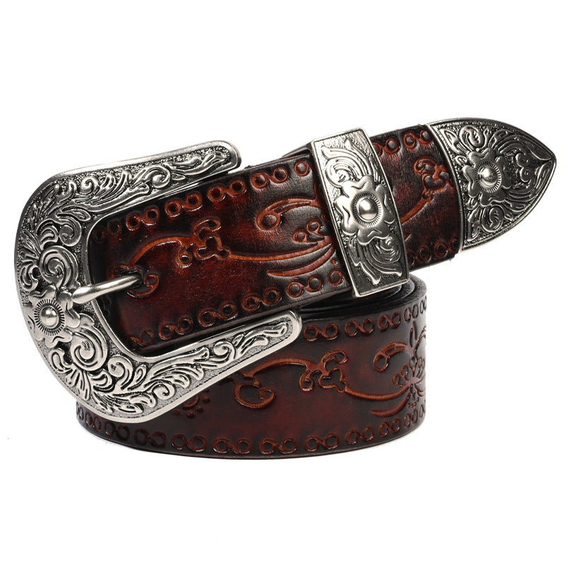 Embossed First Layer Cowhide Men's Mongolian Style Personalized Carved Belt Morning Glory Coffee
