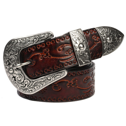 Embossed First Layer Cowhide Men's Mongolian Style Personalized Carved Belt Morning Glory Coffee