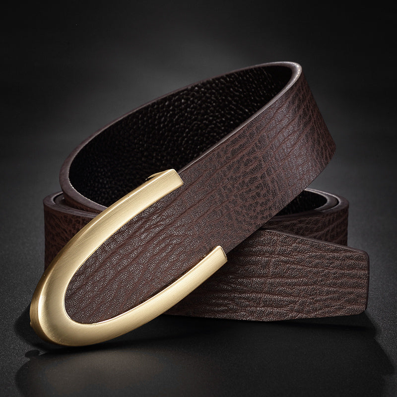 Men's Leather Smooth Buckle First Layer Cowhide Belt Brown Gold Buckle