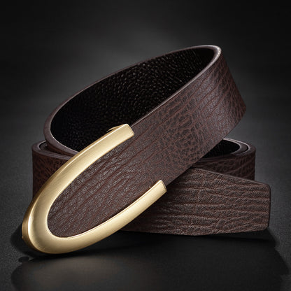 Men's Leather Smooth Buckle First Layer Cowhide Belt Brown Gold Buckle