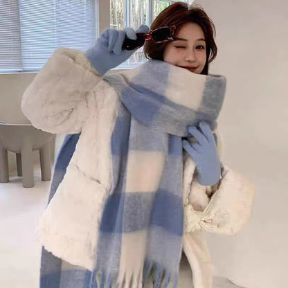 Scarf Winter Thicken Thermal Solid Color Mohair Shawl Small Version Mohair Blue and White Grid