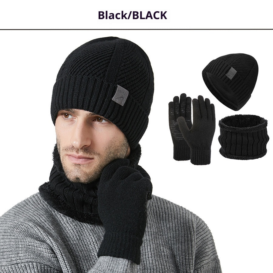 Winter New Thickened Men's Hat Scarf Gloves Three-piece Set Black