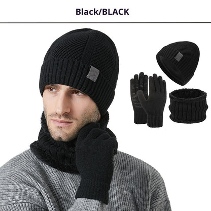 Winter New Thickened Men's Hat Scarf Gloves Three-piece Set Black