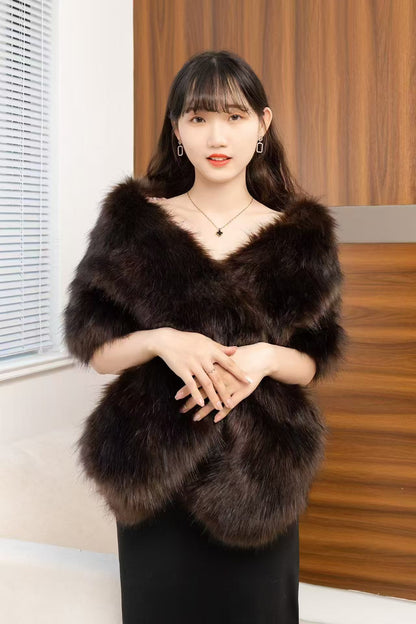 Women's Big Fur Collar Scarf Shawl Brown
