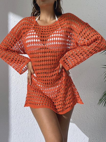 Sexy Knit Hollow Round Neck Beach Dress Women Orange