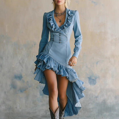 Ruffled No-wash Denim Fabric Dress Light Blue