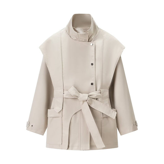 Women's Stand Collar Belted Trench Coat Khaki