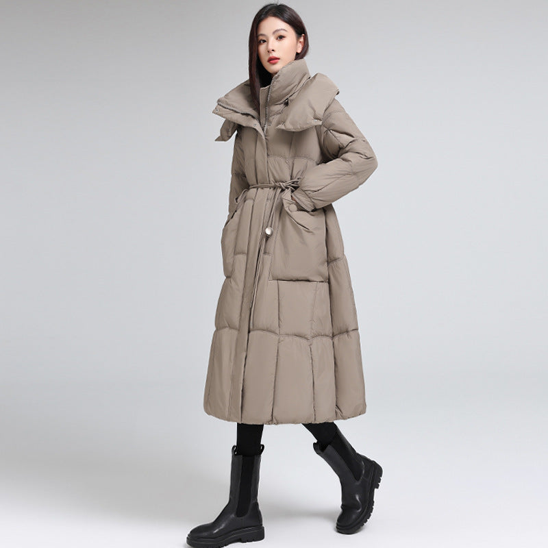 Knee-length Warm Cotton Coat Loose Thicken Waist-cinching Padded Jacket Camel