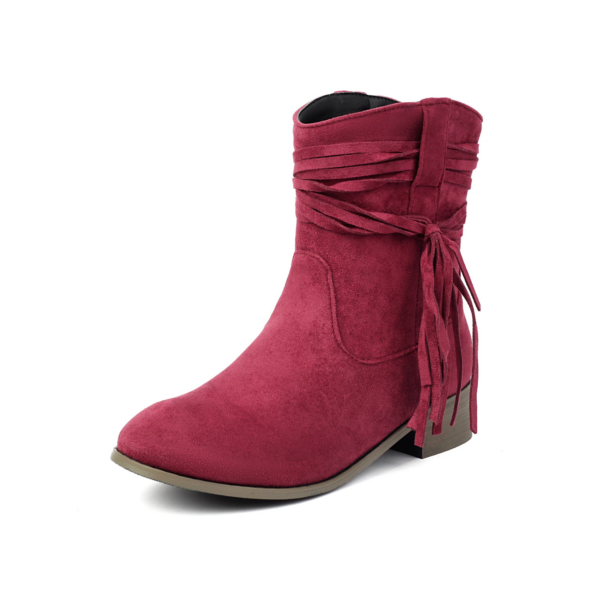 Short Boots Round Toe Foreign Trade Suede Tassel Women's Shoes Wine Red