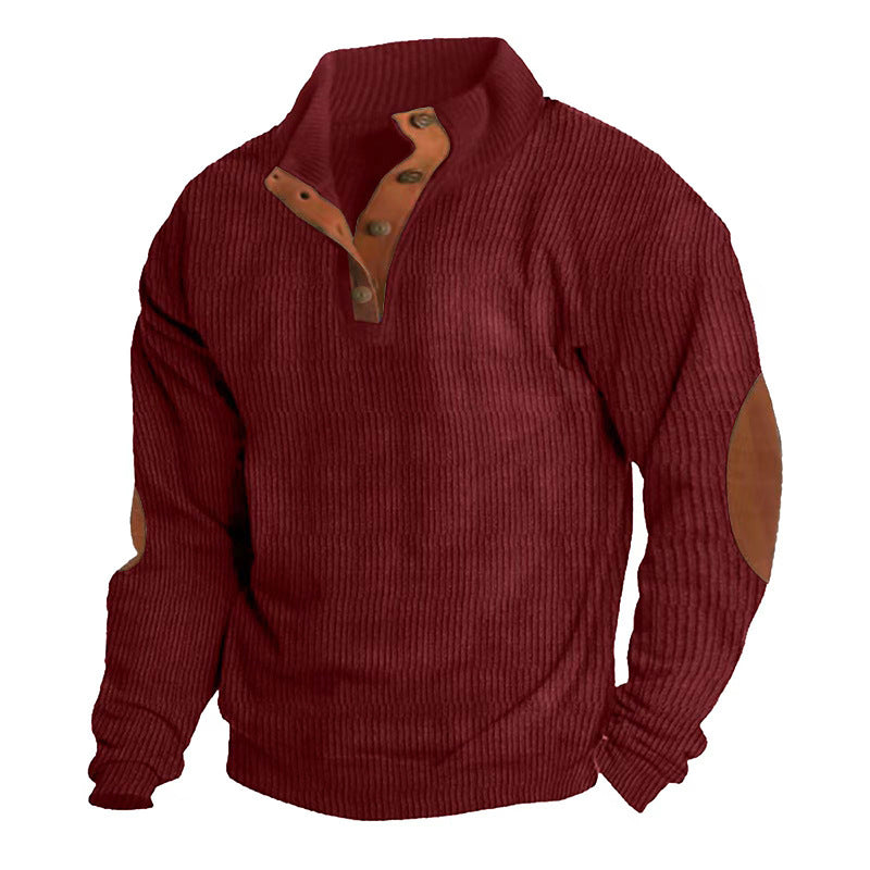 Casual Stand-Collar Long Sleeve Pullover Sweatshirt for Men Fashion Solid Color Striped Design Loose Tops Wine Red