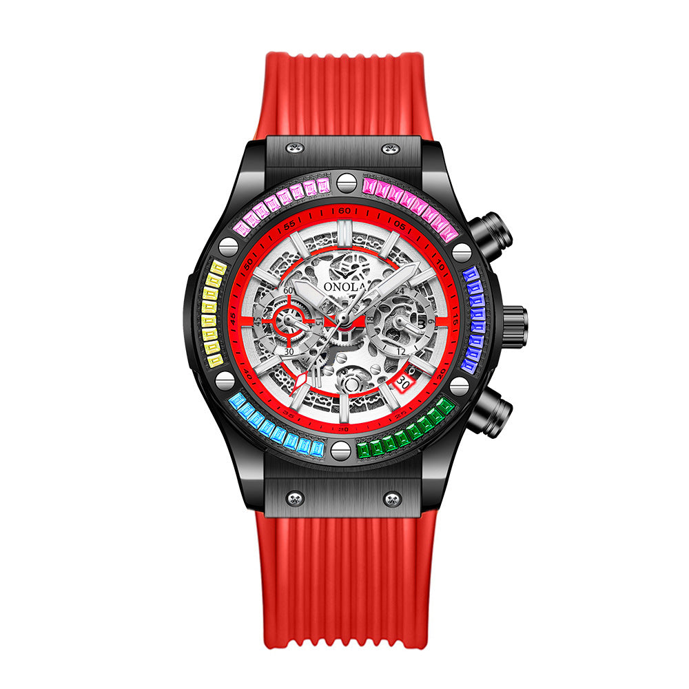 Men's Fashionable All-match Waterproof Multi-functional Quartz Watch Black And Red