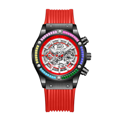 Men's Fashionable All-match Waterproof Multi-functional Quartz Watch Black And Red