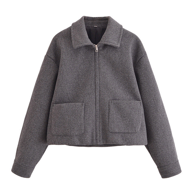 Fashion Simple And Versatile Pocket Shirt-collar Short Jacket Gray